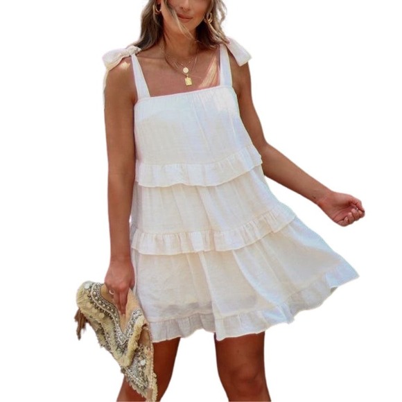 Hello Molly Dresses & Skirts - NEW Square Neck Sleeveless Tie Strap Tiered Ruffle Babydoll Mini Dress Cream - L